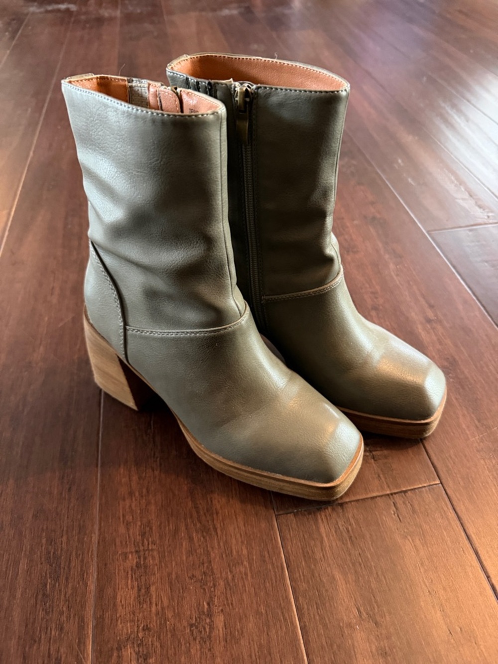 BEAST FASHION Olive Green Mid-Calf Block Heel Zip Boots